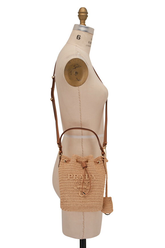 Prada - Natural Raffia Crochet & Brown Leather Bucket Bag