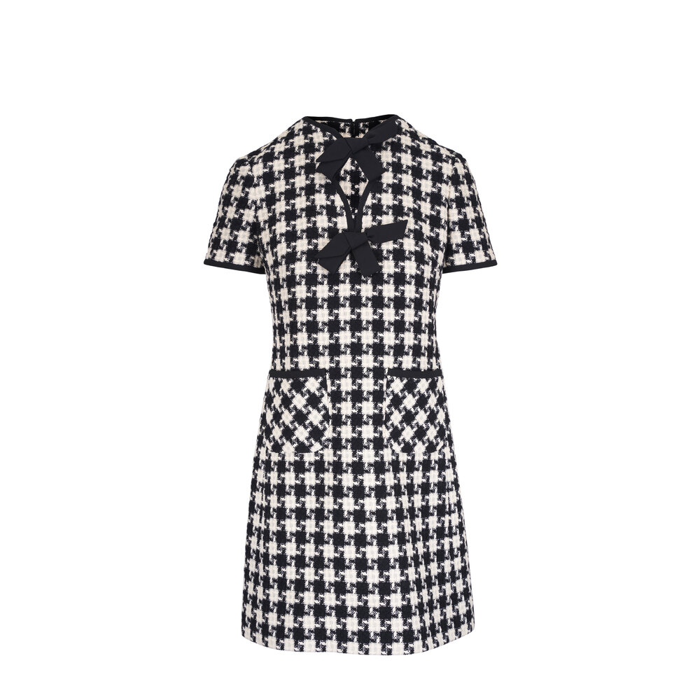 Classic check pattern white and orders black tweed mini french style dress