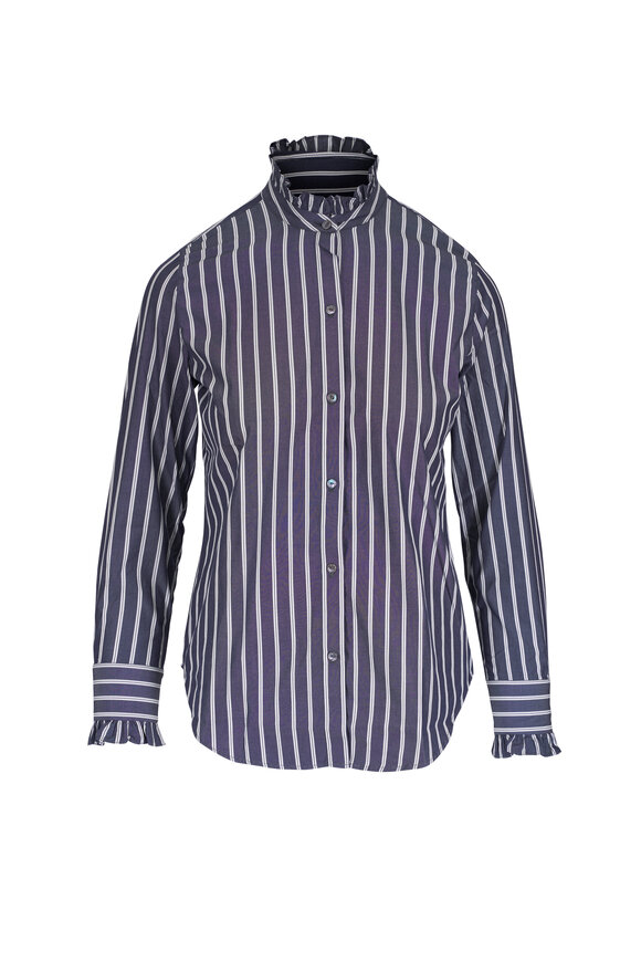 Nili Lotan Lydia Charcoal Stripe Ruffle Trim Shirt