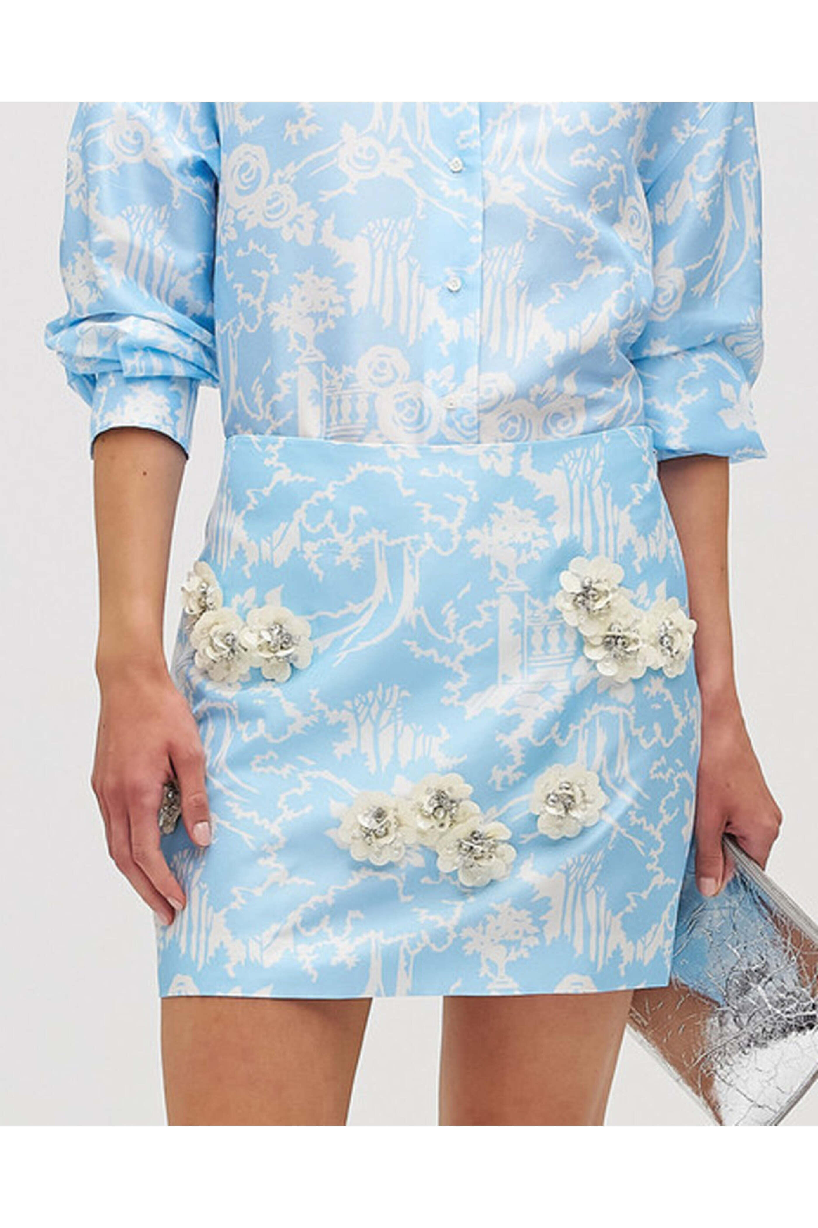Oroton - Sky Blue Toile Embellished Garden Mini Skirt