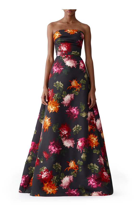 Carolina Herrera Strapless A Line Black Multi Floral Gown - view 2