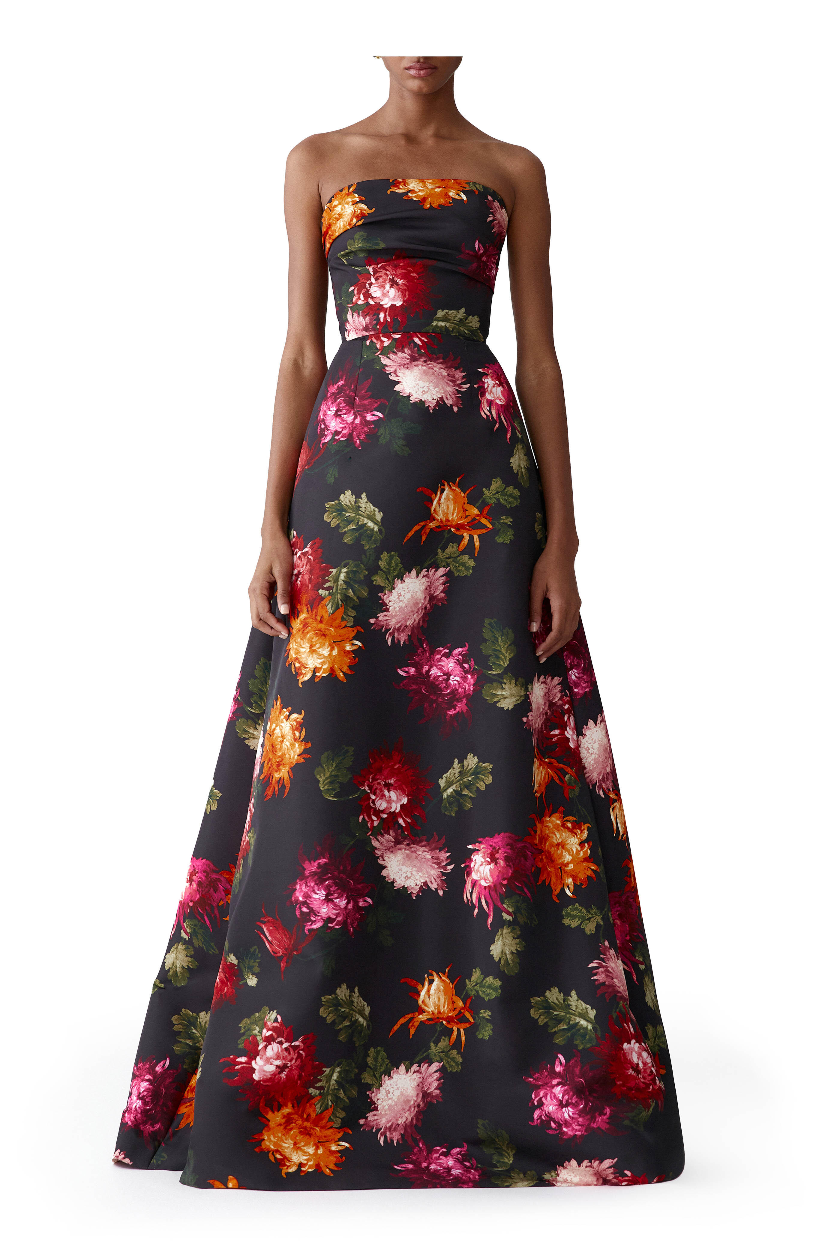 Carolina Herrera - Strapless A Line Black Multi Floral Gown