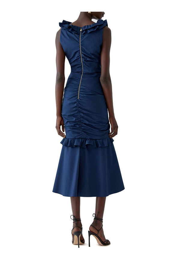 Carolina Herrera Navy Ruched Ruffle Midi Dress - view 3