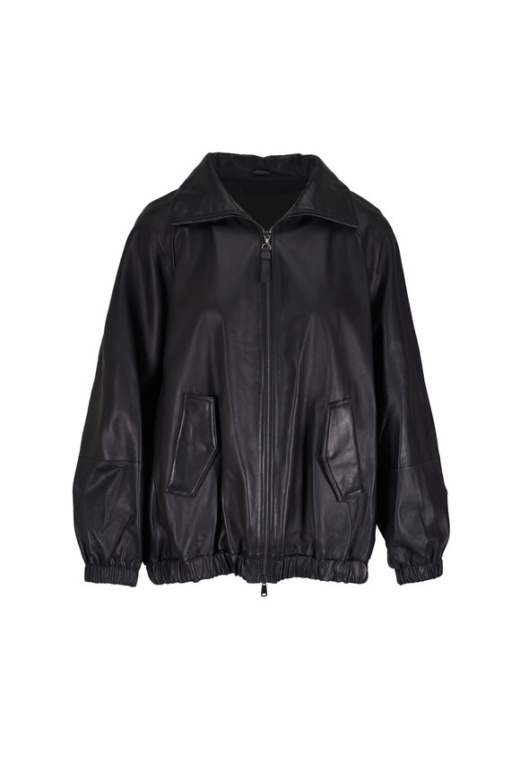 Brunello Cucinelli Black Smooth Leather Oversized Bomber Jacket