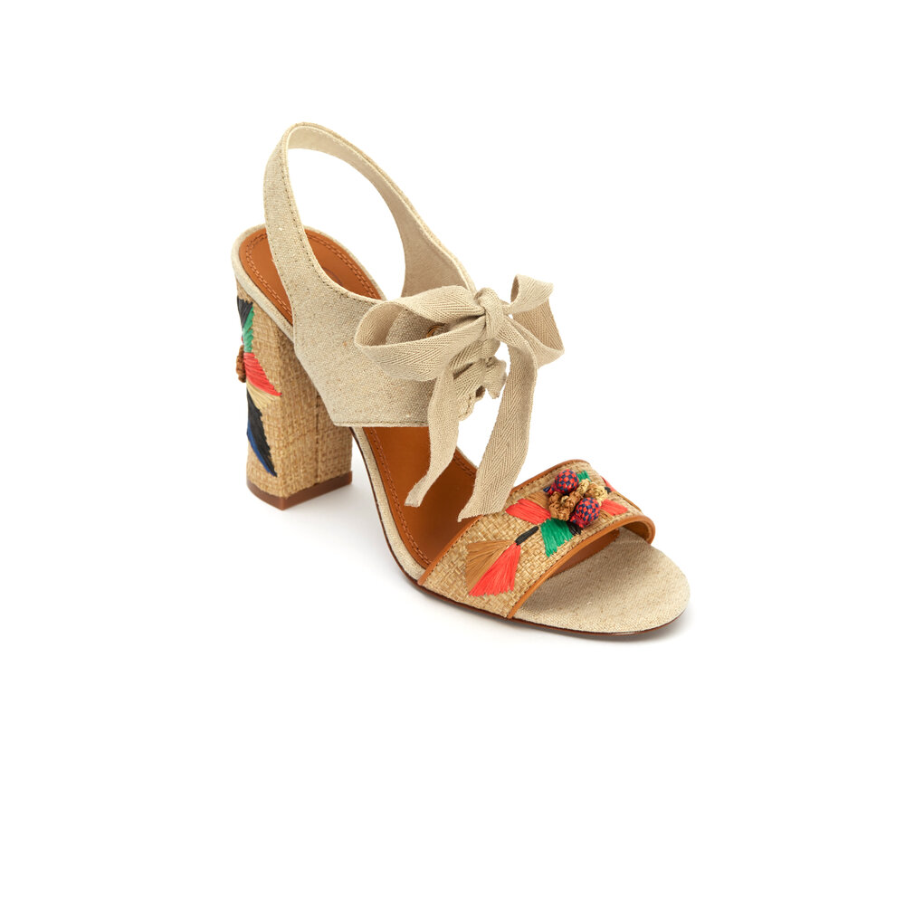 Tory Burch - Geraldine Raffia & Linen Lace-Up Sandals