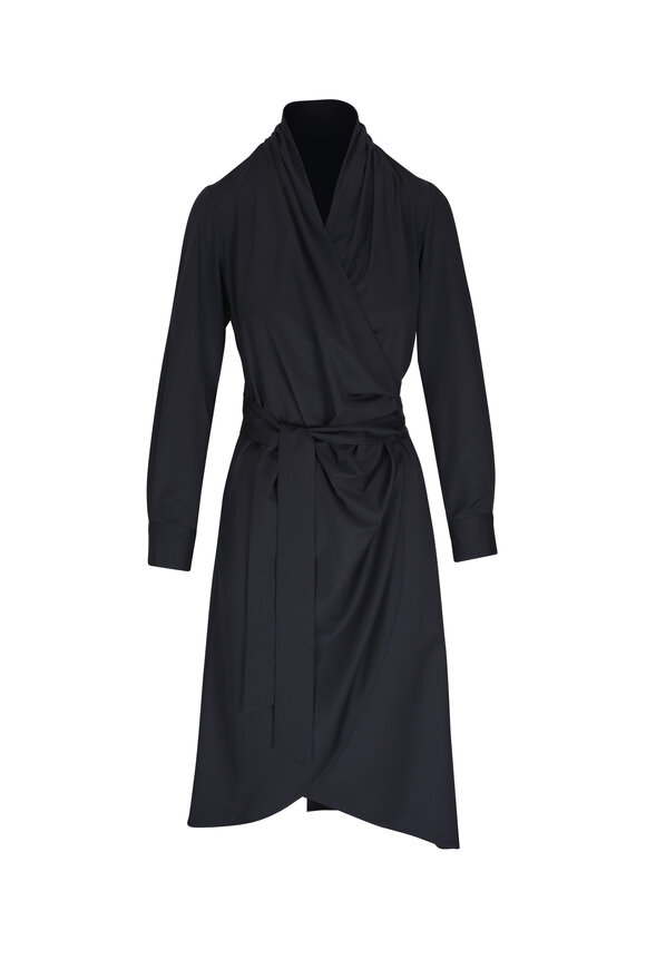 Kiton - Black Wool Long Sleeve Wrap Dress