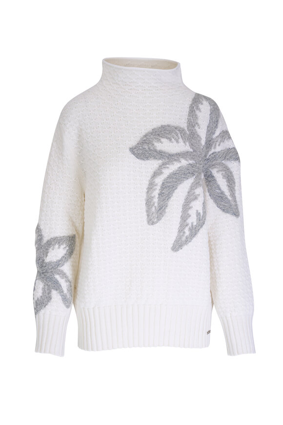 Kiton Floral Intarsia White & Silver Cashmere Sweater 