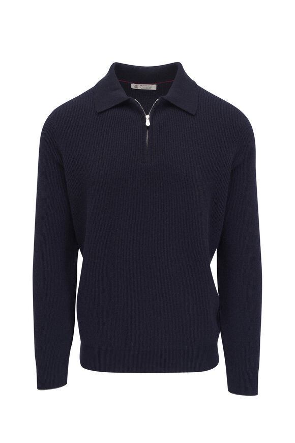 Brunello Cucinelli Navy Blue Cashmere Ribbed Quarter Zip Pullover