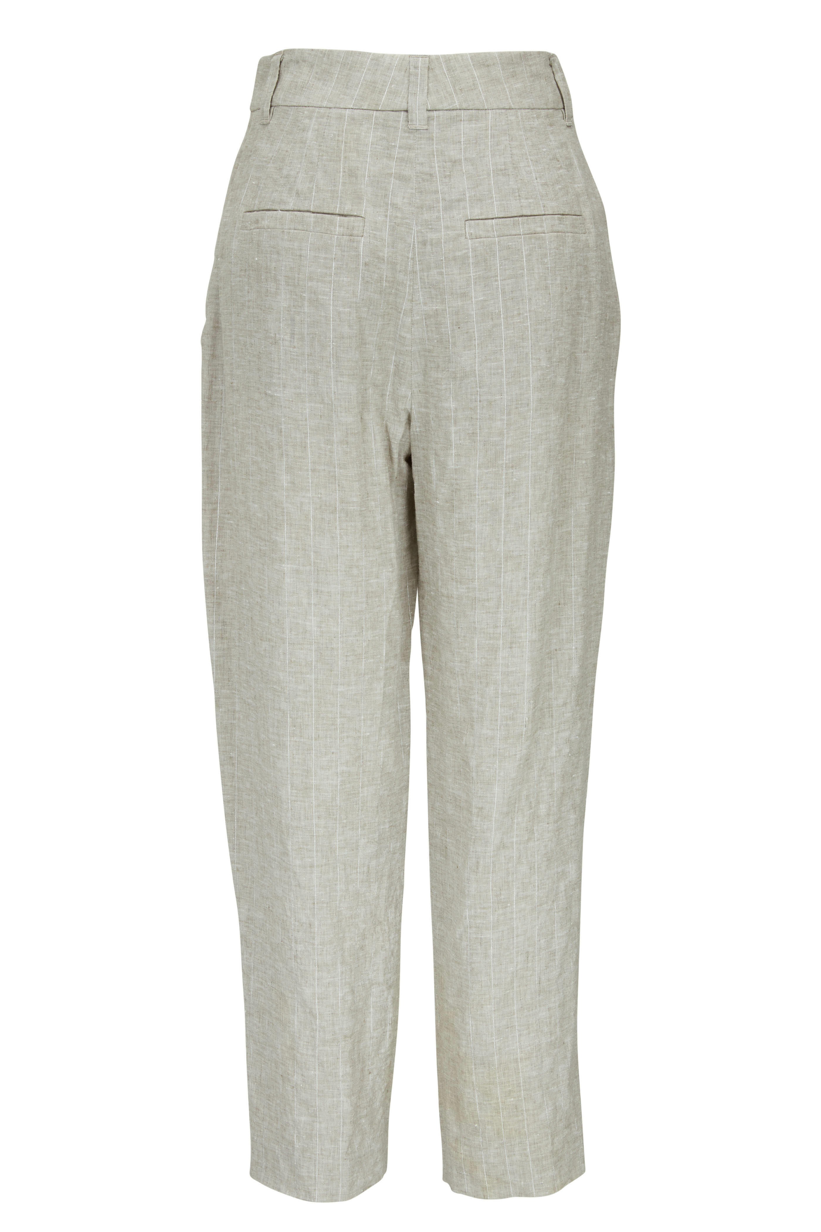【送料&関税込】Brunello Cucinelli Pinstripe Pants Brunello Cucinelli - Brown Pinstripe Straight-Leg Crop Linen