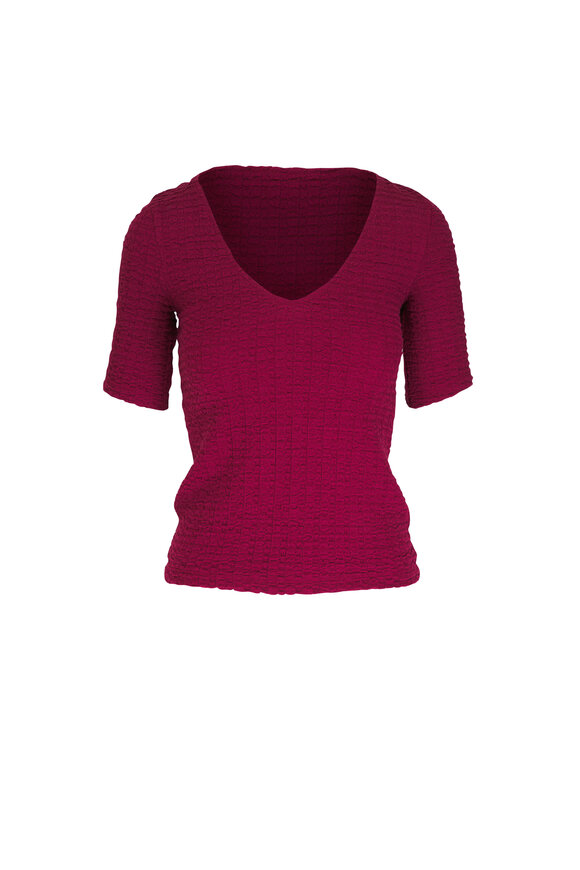 Vince - Raspberry Smocked Elbow-Sleeve V-Neck Top