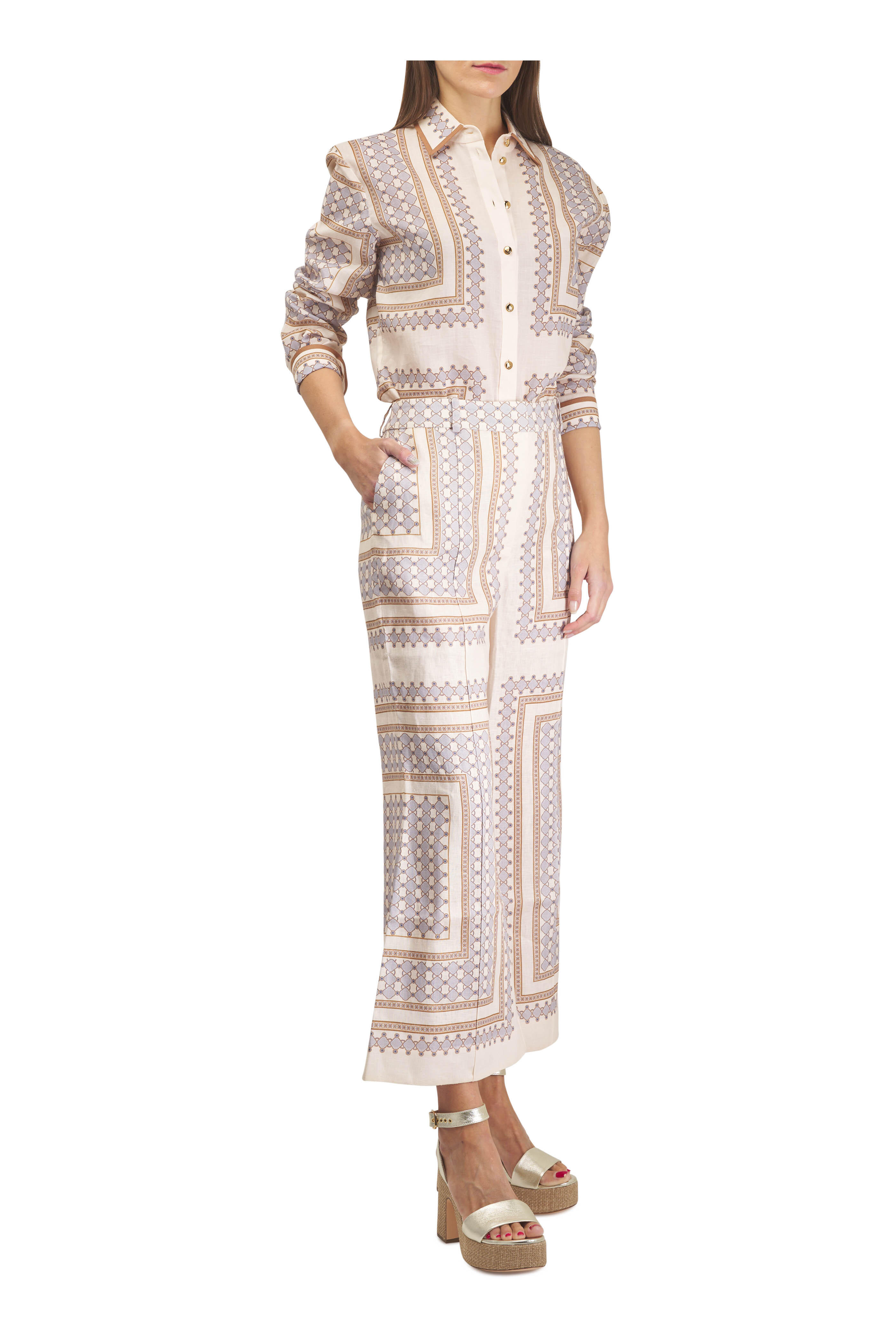 Zimmermann - Cream Navy Geo Cropped Flare Linen Pant