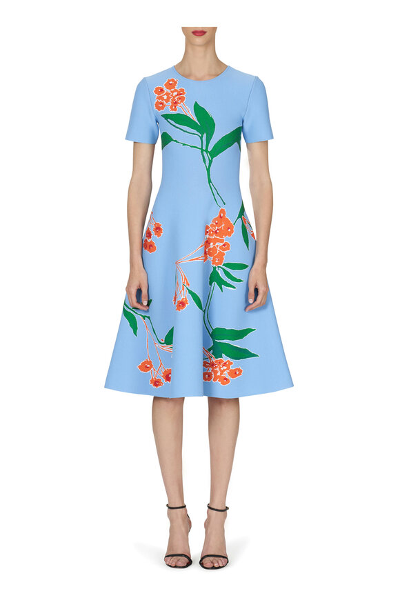 Carolina Herrera - Lake Blue Multi Floral Jacquard Midi Dress 