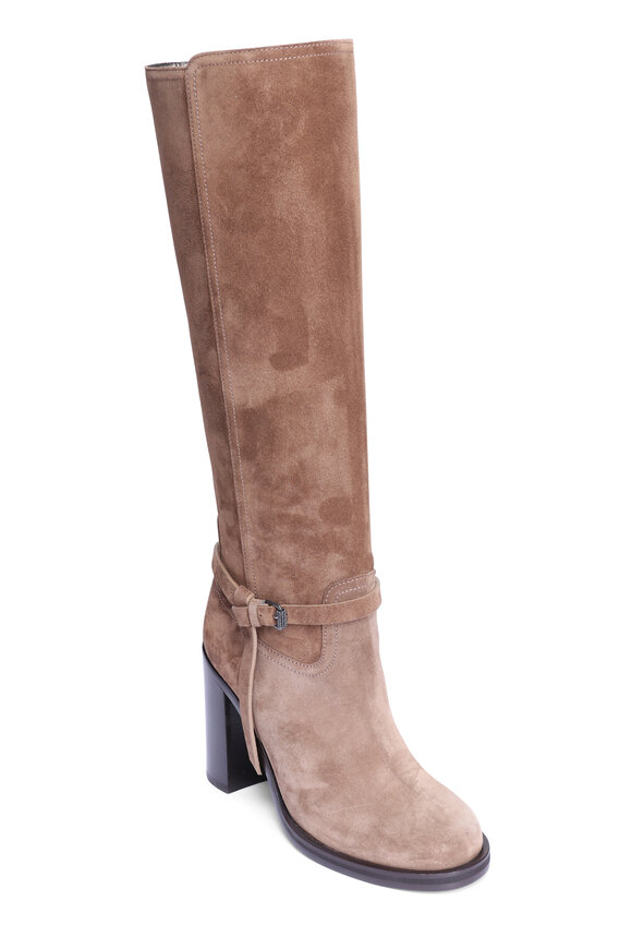 Brunello Cucinelli City Suede Block Heel Equestrian Boot, 90mm