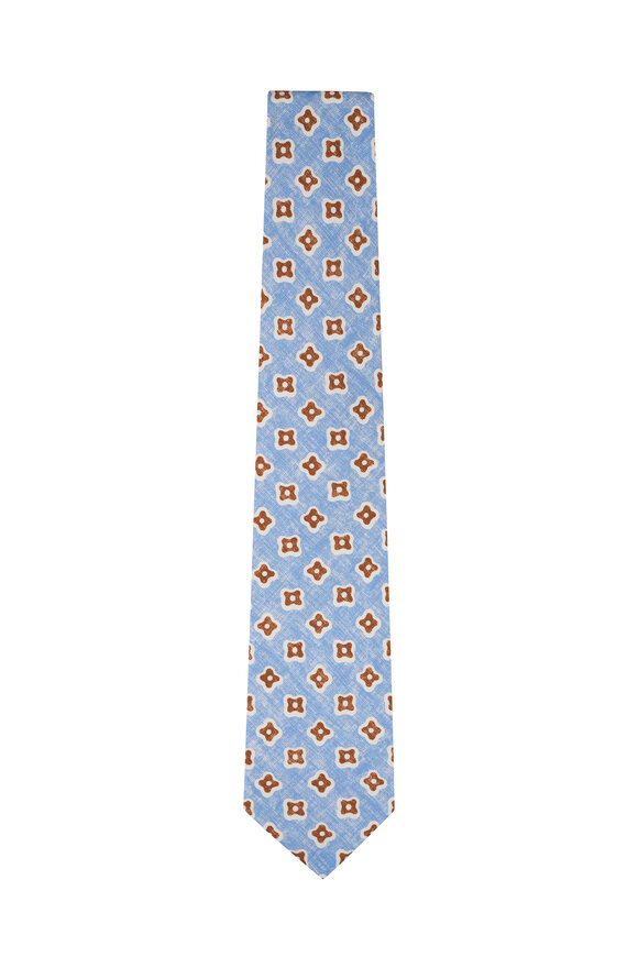 Kiton - Light Blue & Brown Shapes Silk Necktie 