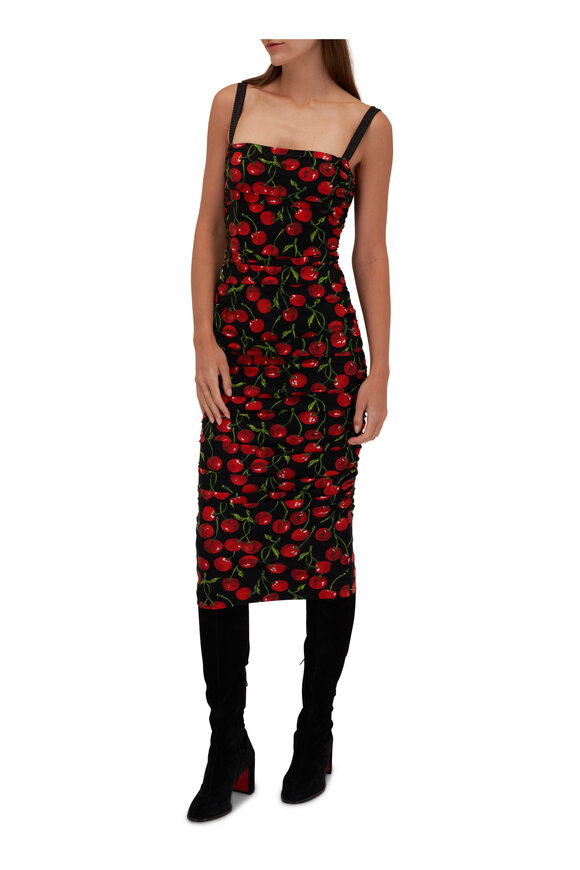 Dolce & Gabbana - Black Cherry Print Draped Midi Dress 