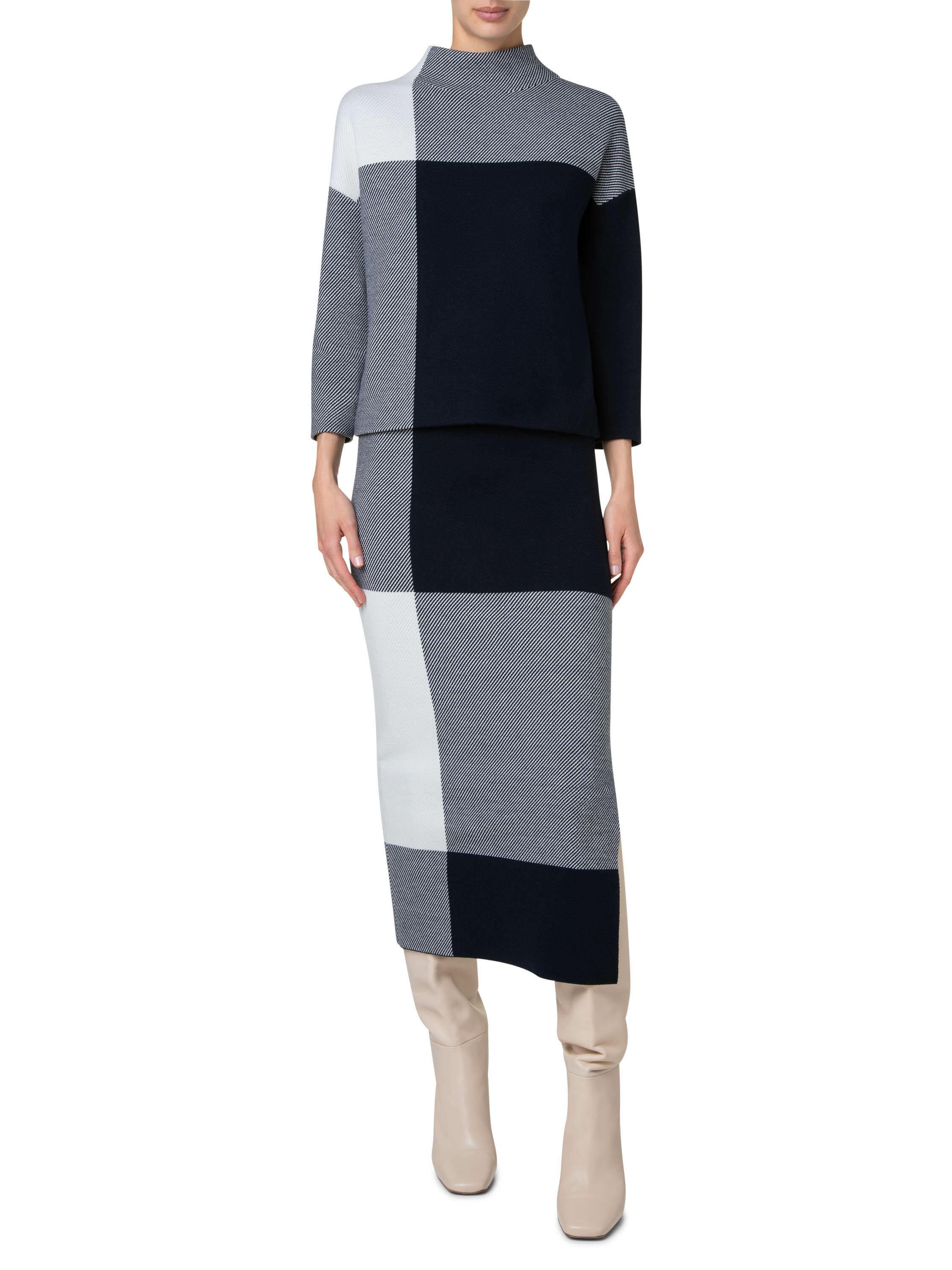 Akris Punto - Navy Blue & White Gingham Midi Skirt