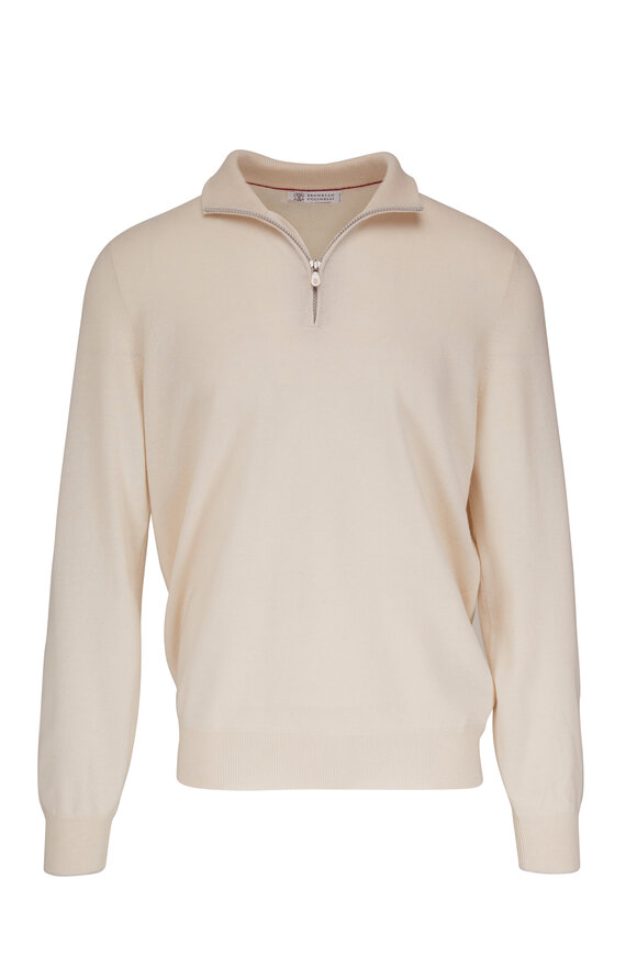 Brunello Cucinelli - Ivory 2-Ply Cashmere Quarter Zip Pullover