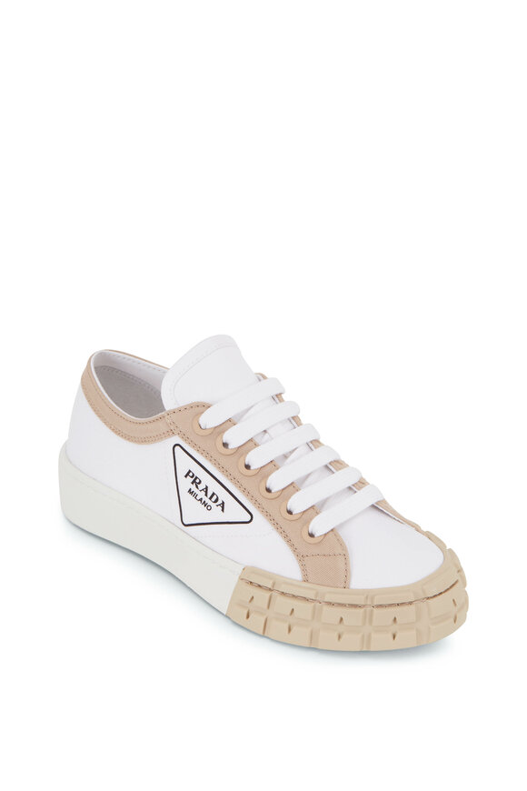 Prada - White & Natural Canvas Lace-Up Sneaker 