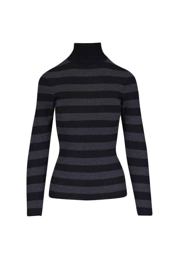 Majestic Black & Gray Ribbed Knit Turtleneck Sweater