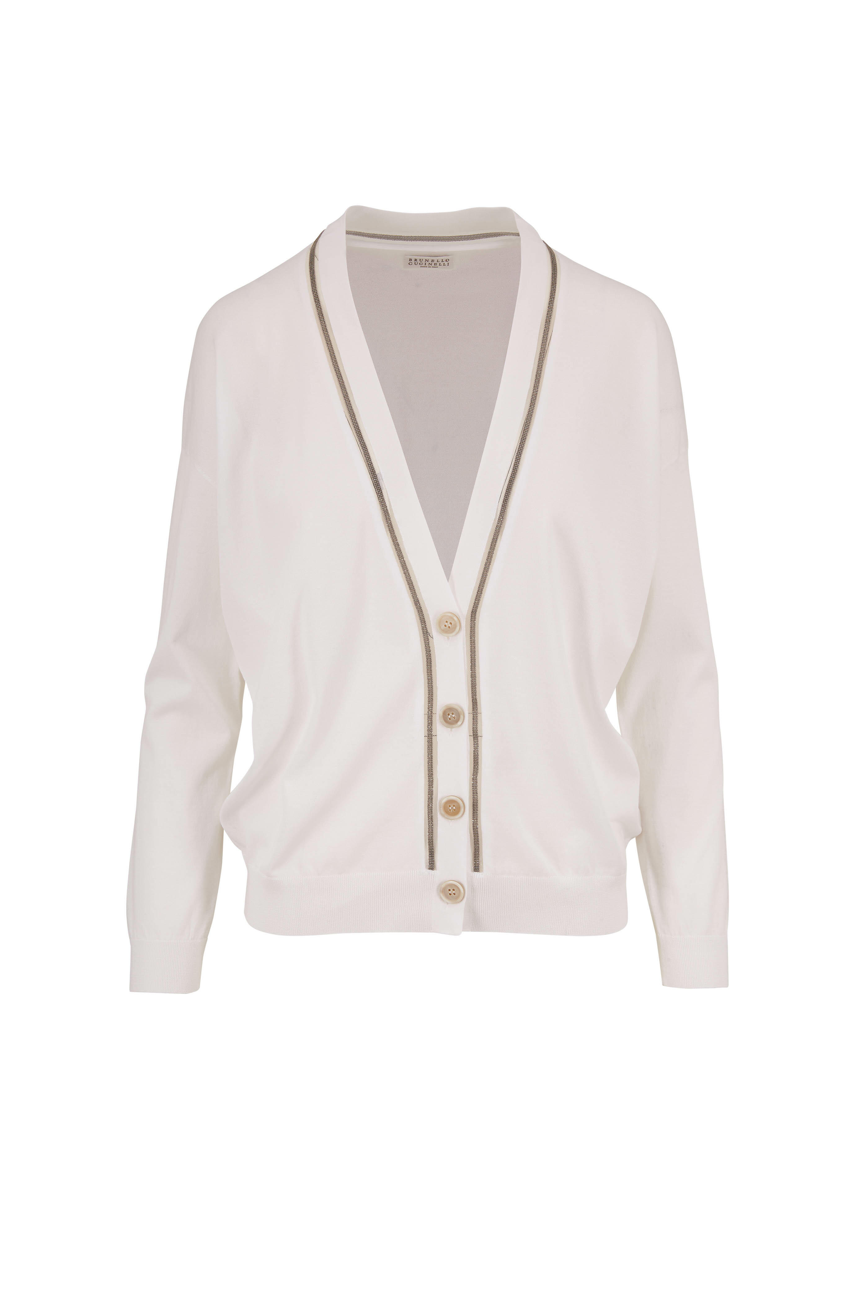 Brunello Cucinelli - White Dry Cotton Monili & Mesh Trim Cardigan