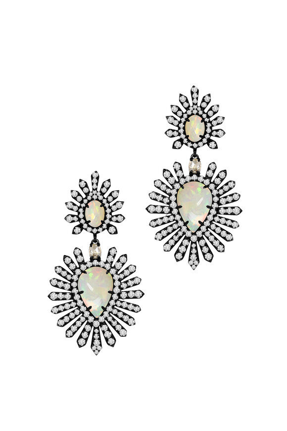 Sutra - 18K Rhodium Gold Opal & Diamond Drop Earrings