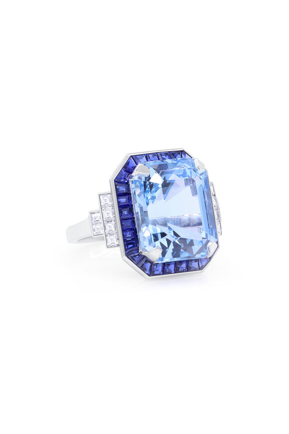 Oscar Heyman Platinum Aquamarine Sapphire & Diamond Frame Ring