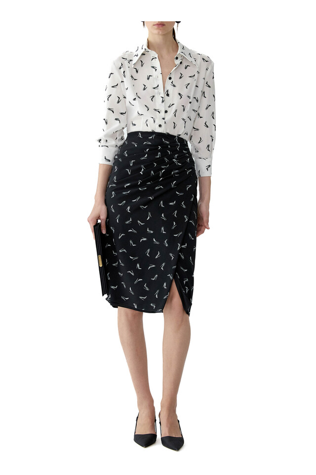 Carolina Herrera outfit featuring Good Girl Black & Ivory Shoe Print Silk Blouse and Good Girl Black & White Shoe Print Silk Skirt