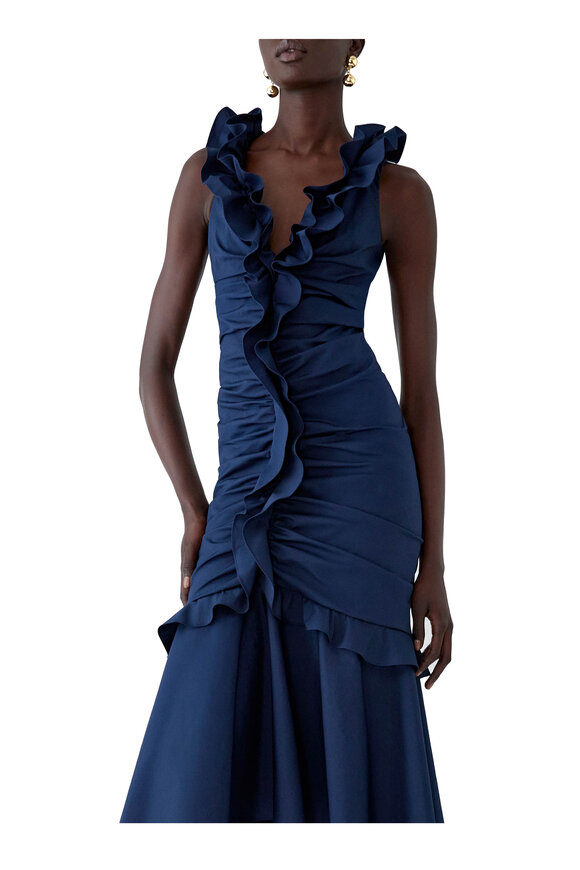 Carolina Herrera Navy Ruched Ruffle Midi Dress - view 4