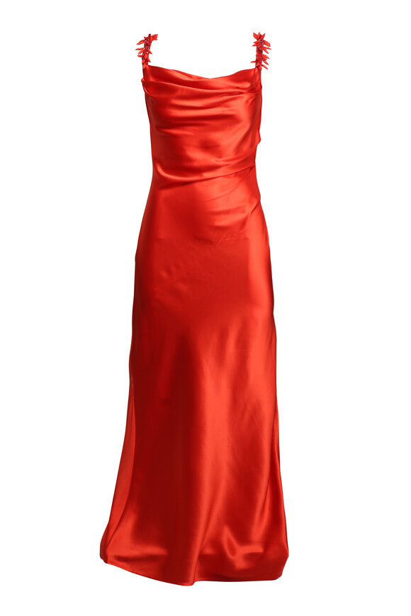 Balmain Rouge Embroidered Strap Silk Column Dress