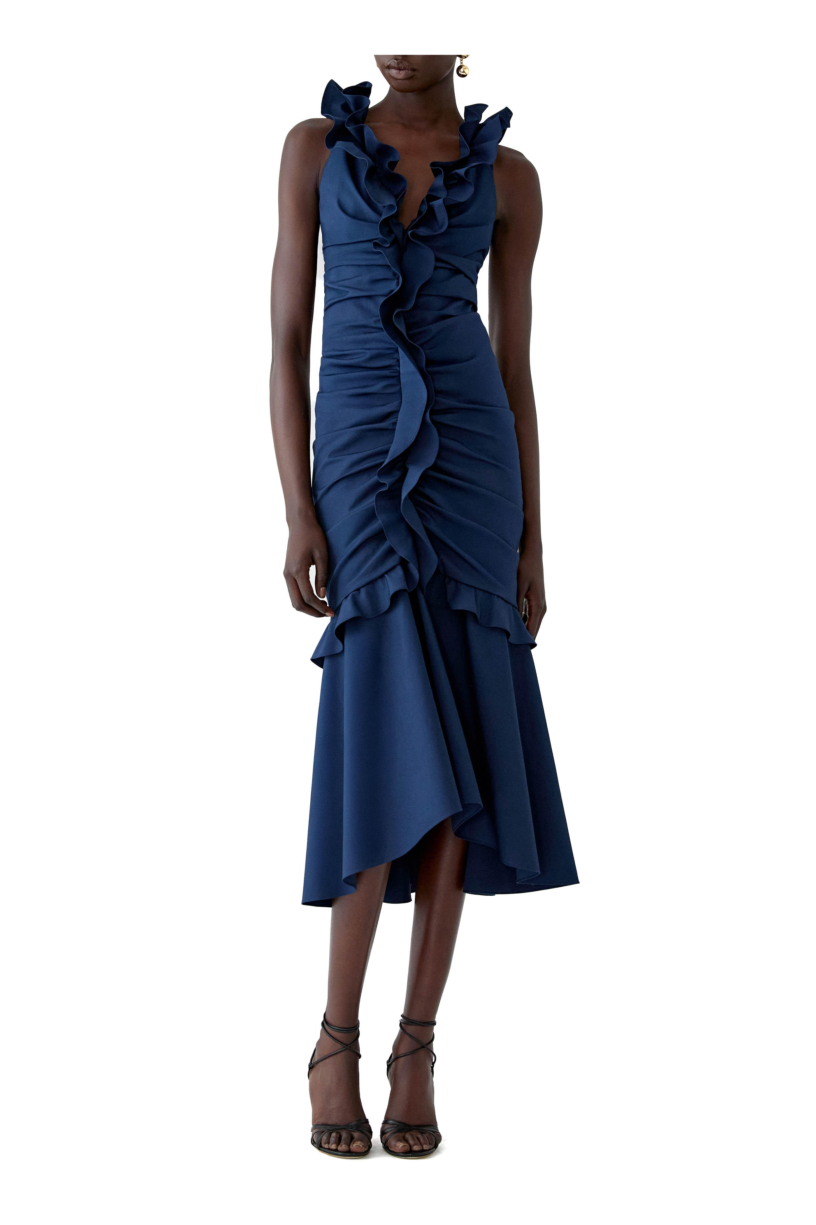 Carolina Herrera - Navy Ruched Ruffle Midi Dress