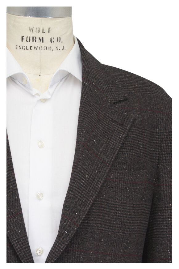 Brunello Cucinelli Dark Brown Check Silk, Wool & Cashmere Sportcoat - view 1