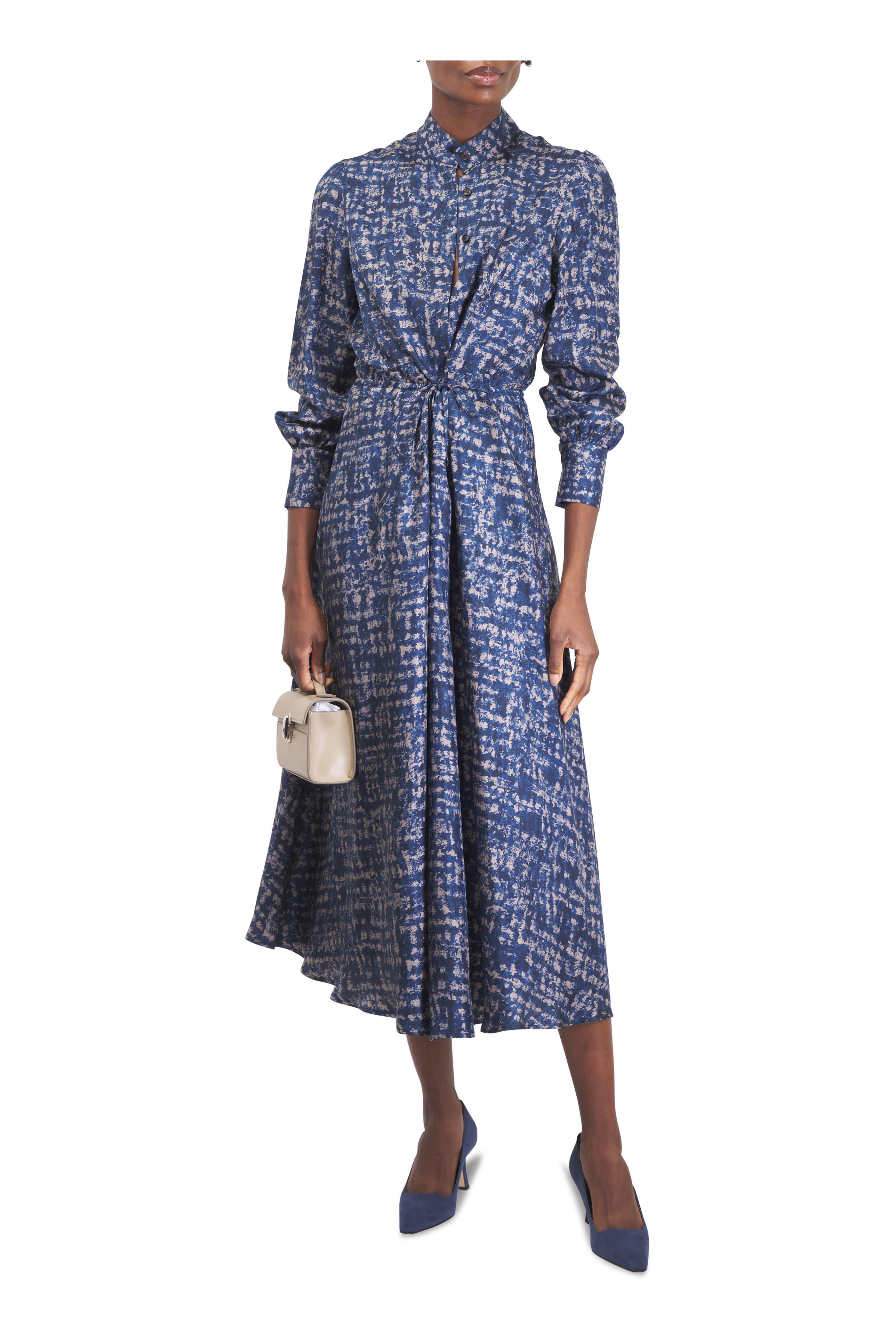 Kiton - Admiral Blue Printed Drawstring Silk Maxi Dress