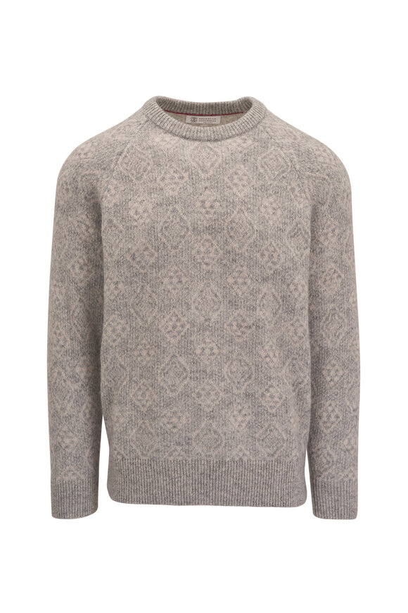 Brunello Cucinelli - Light Gray Geometric Print Crewneck Sweater 