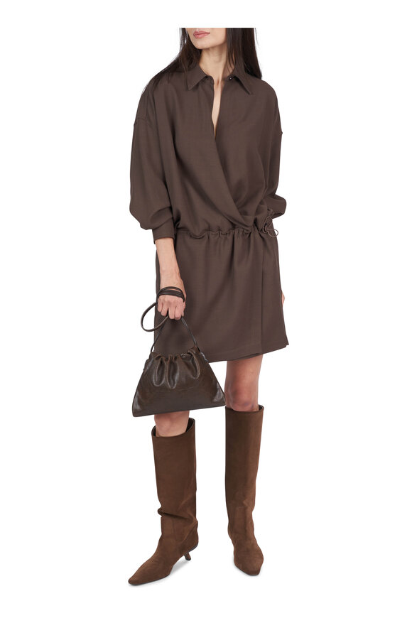 Brunello Cucinelli Chocolate Fluid Twill Drawstring Shirt Dress - view 3