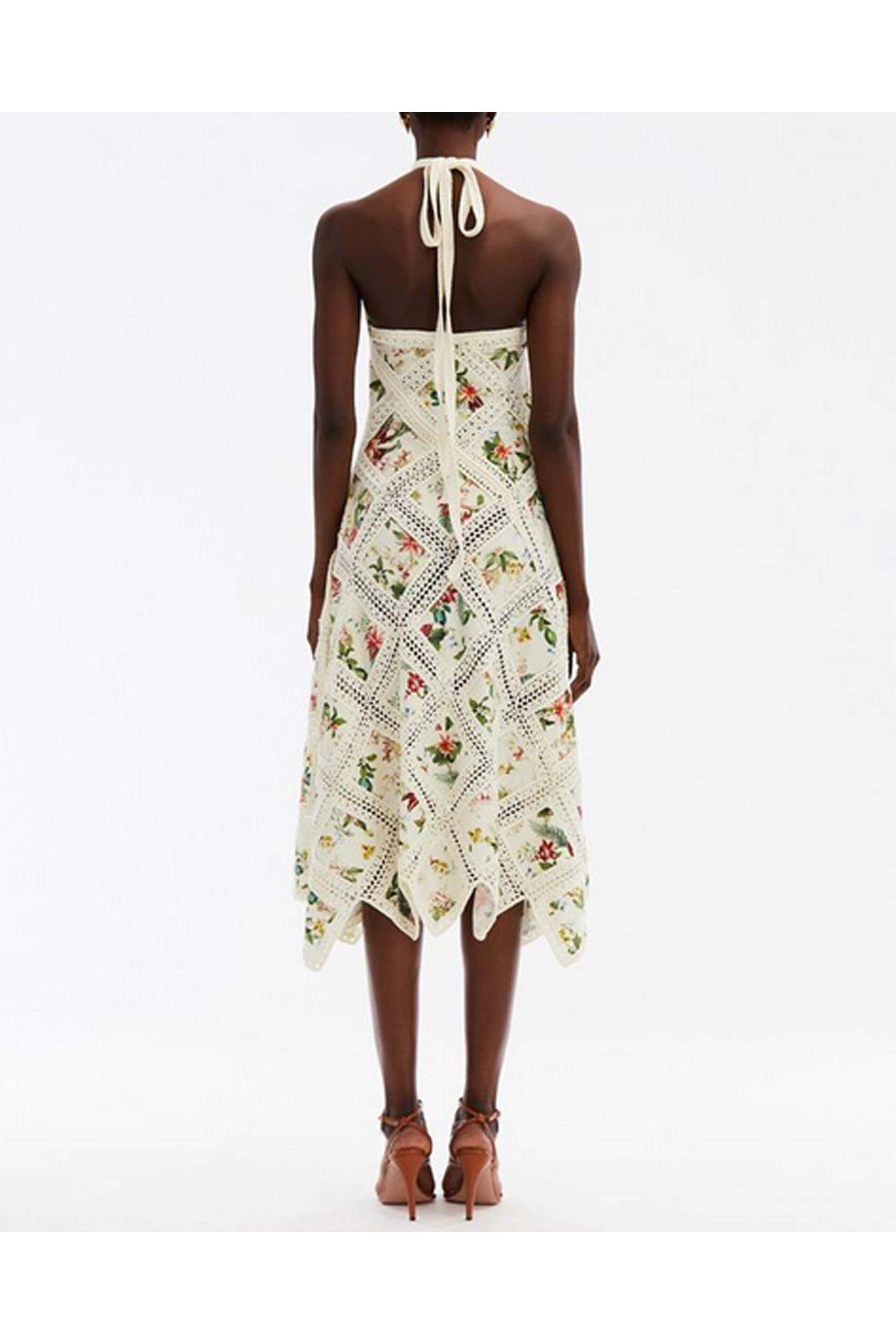 Oscar de la Renta - Ecru Floral and Fauna Knit Halter Neck Dress