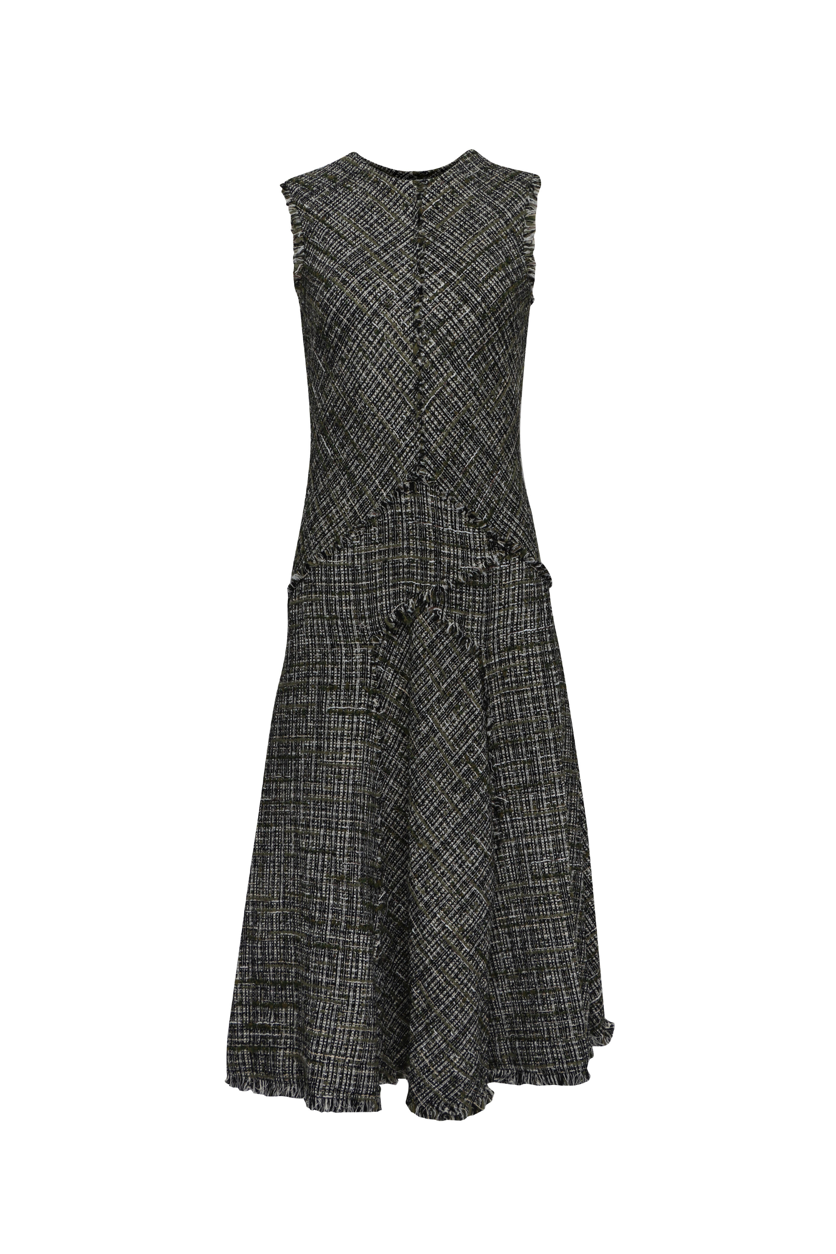 Erdem - Dark Olive Tweed Sleeveless Midi Dress