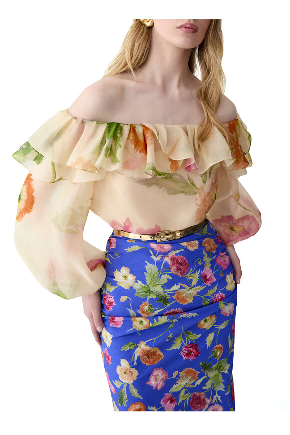 Carolina Herrera Almond Multi Poppy Print Organza Puff Sleeve Top - view 4