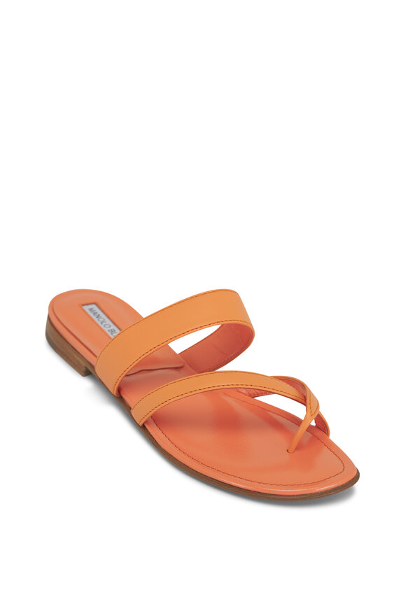 Manolo Blahnik Susa Orange Leather Flat Sandal, 10mm