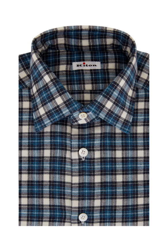 Kiton - Blue Plaid Cotton Dress Shirt