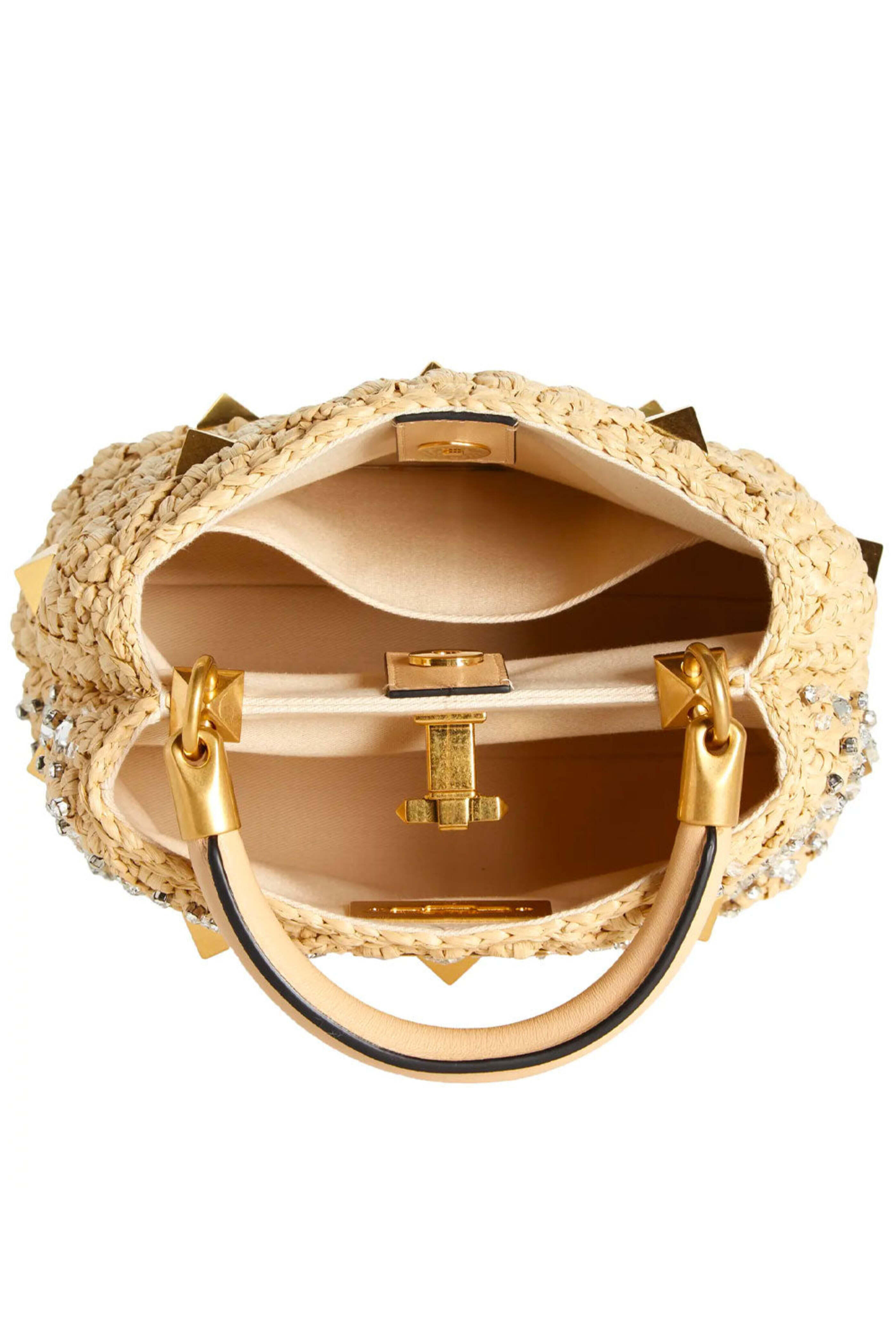Valentino Garavani - Raffia Small Roman Stud Bag in Natural Crystal
