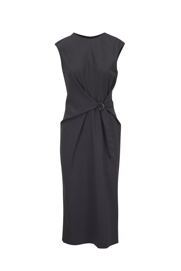 Brunello Cucinelli Dark Gray Stretch Wool Wrap Midi Dress
