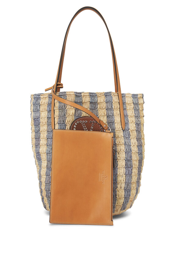 Valentino Garavani VLogo Natural & Azure Stripe Raffia Shopping Bag - view 5