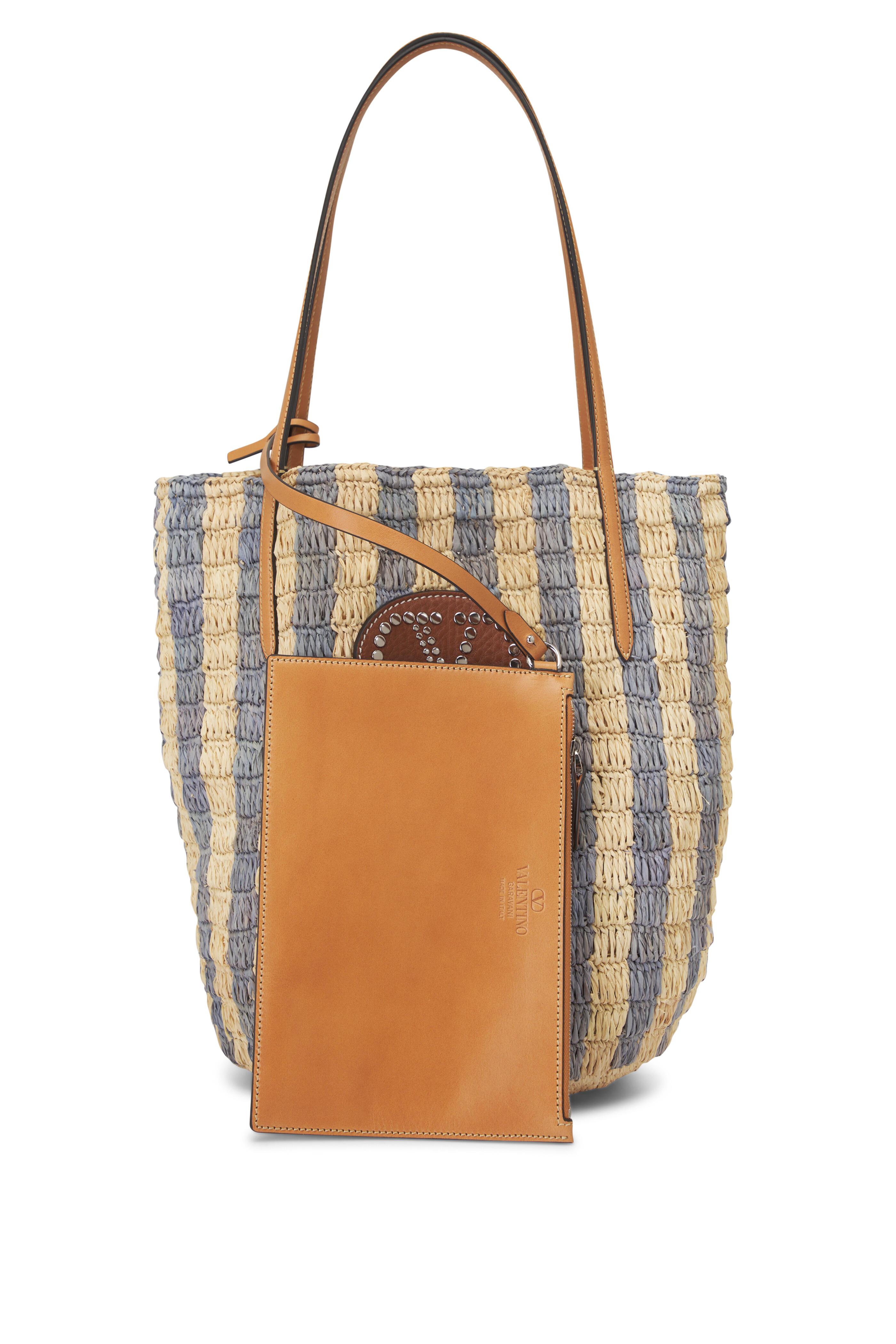 Valentino Garavani - VLogo Natural & Azure Stripe Raffia Shopping Bag