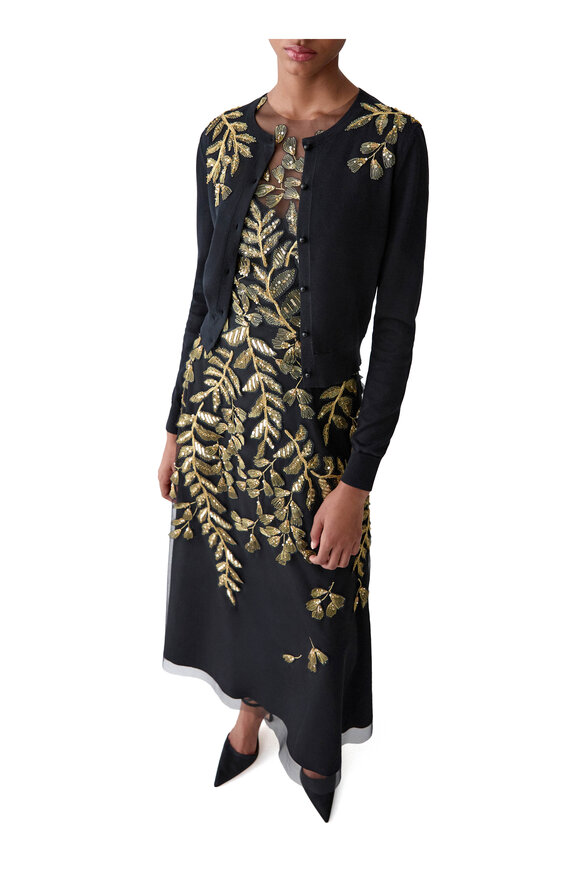 Carolina Herrera Black Silk & Cotton Gold Leaf Embroidered Cardigan - view 4