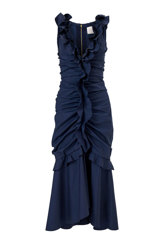 Carolina Herrera Navy Ruched Ruffle Midi Dress - view 6