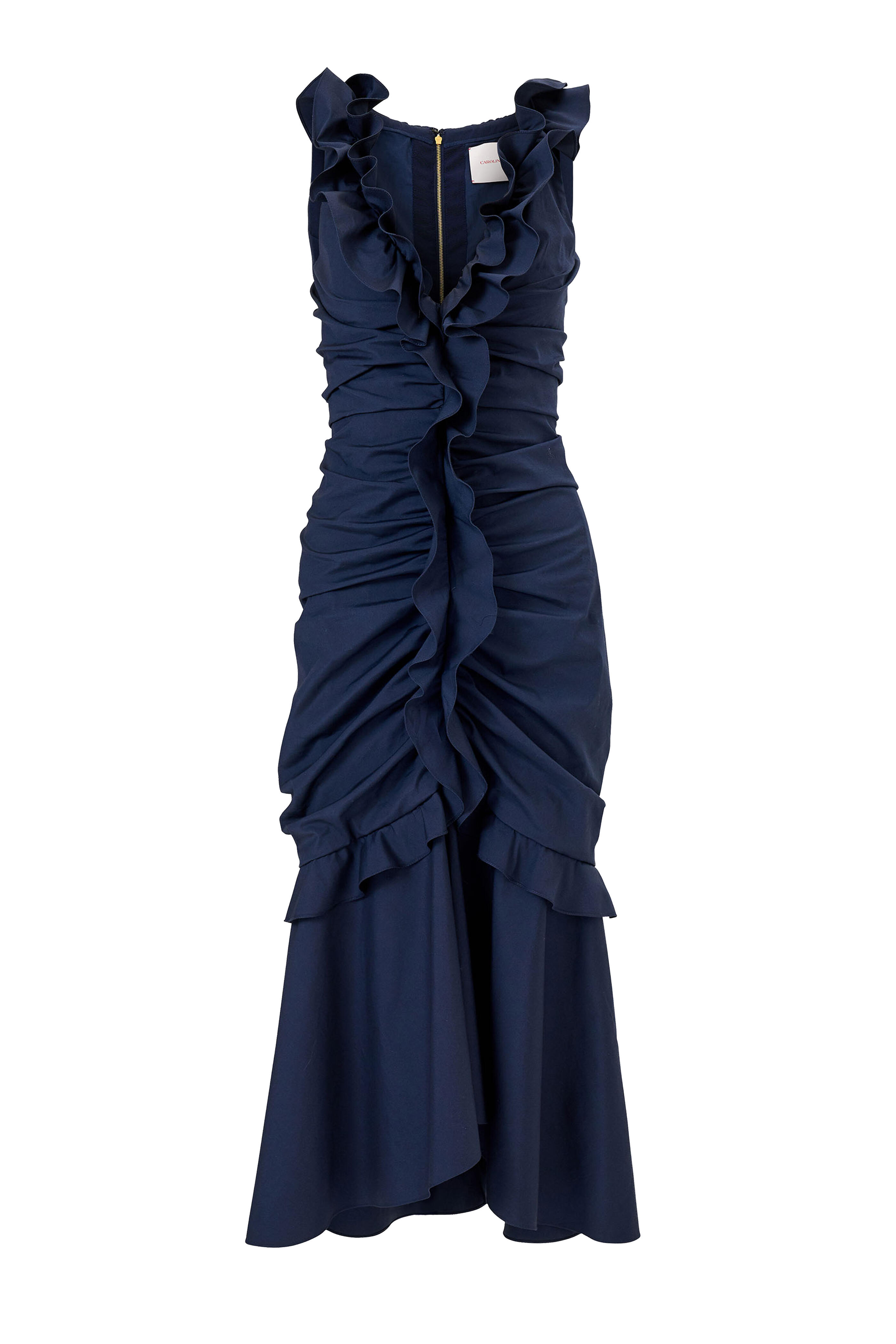 Carolina Herrera - Navy Ruched Ruffle Midi Dress