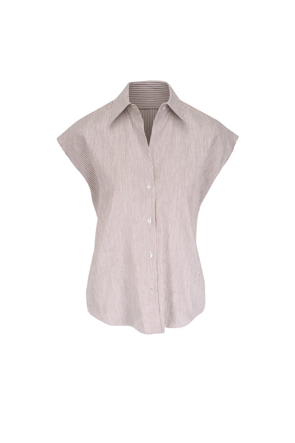 Vince Taupe Wood Ticking Stripe Blouse