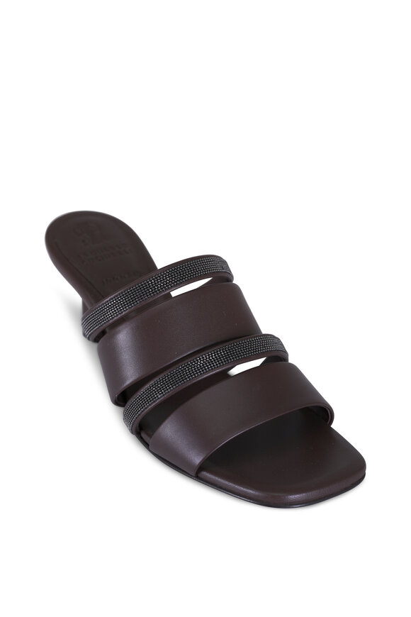 Brunello Cucinelli Dark Brown Leather Monili Strap Sandal, 50mm