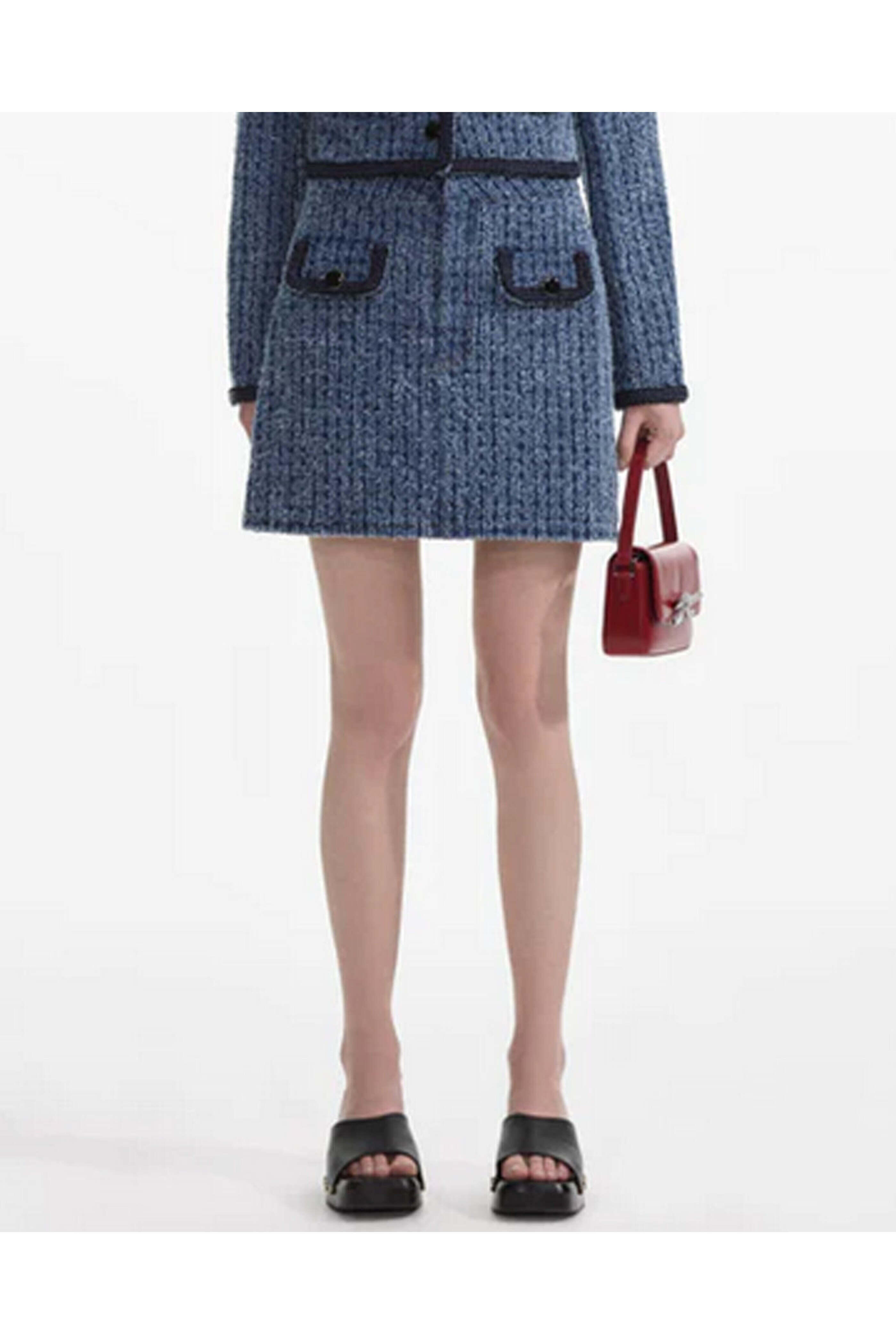 Self - Portrait - Blue Tweed and Denim Mini Skirt