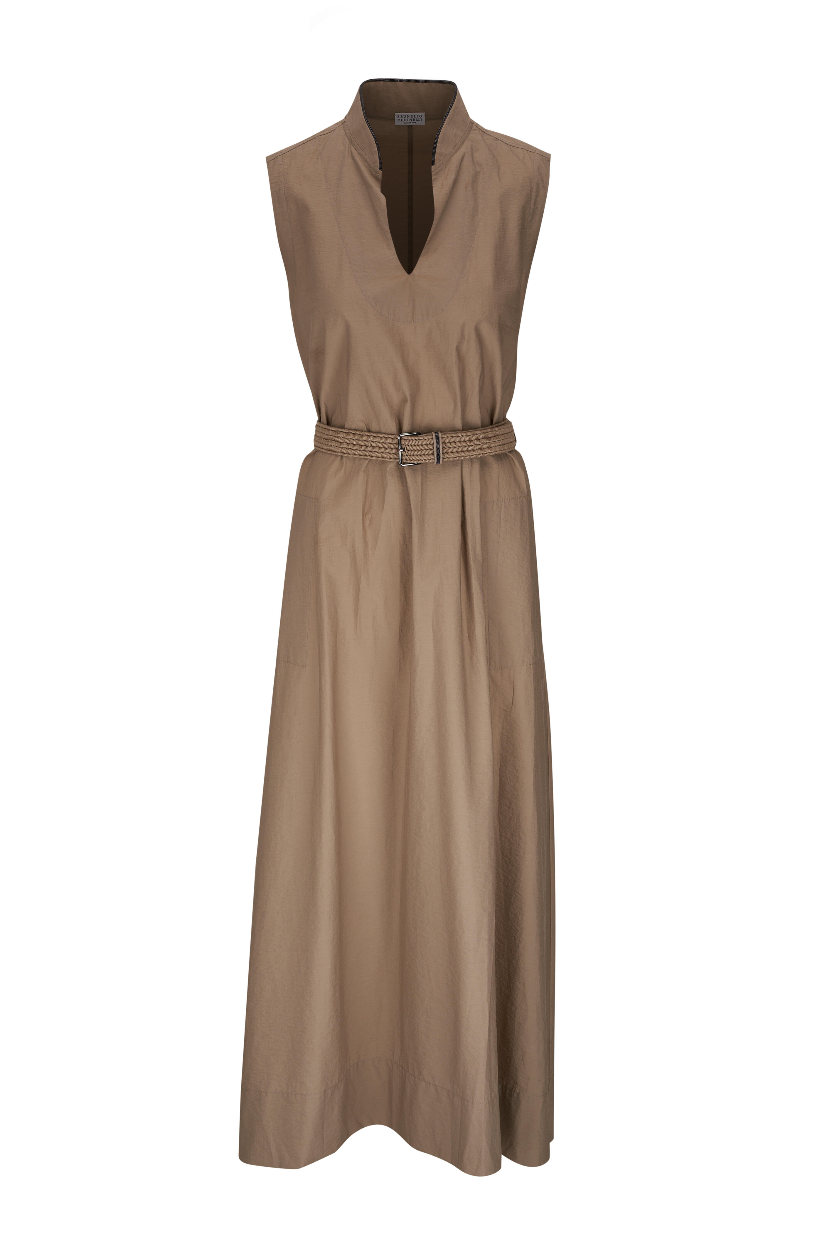 Brunello Cucinelli - Khaki Cotton Poplin Belted Dress